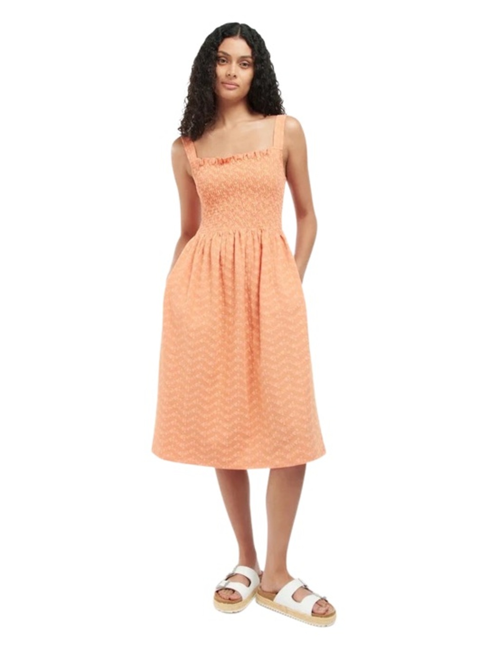 Barbour Hillrise Dress Smocked bodice peach orange Size 12